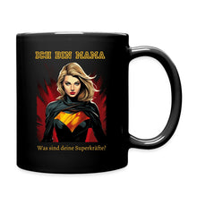 Lade das Bild in den Galerie-Viewer, Schwarze Tasse mit Superheldin und Spruch Ich bin Mama, was sind deine Superkräfte?