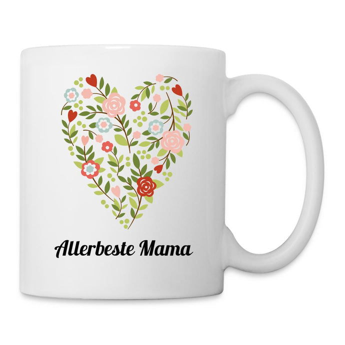 Allerbeste Mama - Tasse mit Herz aus Blumen weiß - Weiß