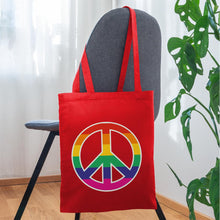 Lade das Bild in den Galerie-Viewer, Jutebeutel mit Peace-Zeichen in Regenbogenfarben - Rot