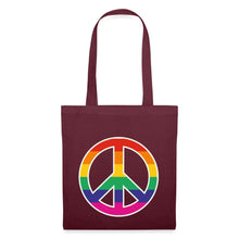 Lade das Bild in den Galerie-Viewer, Jutebeutel mit Peace-Zeichen in Regenbogenfarben - Burgunderrot