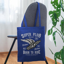 Lade das Bild in den Galerie-Viewer, Stoffbeutel Vintage Super Plug Born to Ride - Royalblau