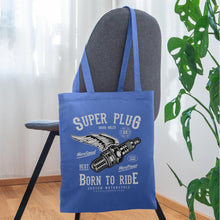 Lade das Bild in den Galerie-Viewer, Stoffbeutel Vintage Super Plug Born to Ride - Hellblau