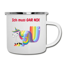 Lade das Bild in den Galerie-Viewer, Emaille-Tasse mit Einhorn auf Regenbogen - Weiß