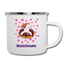Lade das Bild in den Galerie-Viewer, Emaille-Tasse mit Einhorn, Donut und Namen (personalisierbar) - Weiß