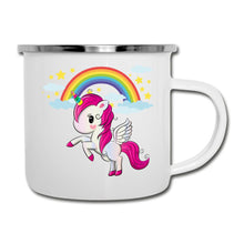 Lade das Bild in den Galerie-Viewer, Emaille-Tasse mit Einhorn und Regenbogen - Weiß