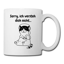 Lade das Bild in den Galerie-Viewer, Tasse mit Katze, Kopfhörern und Spruch - Weiß