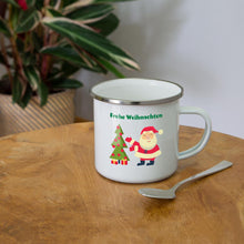 Lade das Bild in den Galerie-Viewer, Emaille-Tasse - Frohe Weihnachten mit Weihnachtsmann und Baum - Weiß