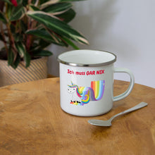 Lade das Bild in den Galerie-Viewer, Emaille-Tasse mit Einhorn auf Regenbogen - Weiß