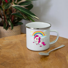 Lade das Bild in den Galerie-Viewer, Emaille-Tasse mit Einhorn und Regenbogen - Weiß