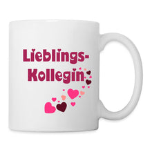 Lade das Bild in den Galerie-Viewer, Weiße Tasse mit pinkem Schriftzug Lieblings-Kollegin und vielen rosa Herzen