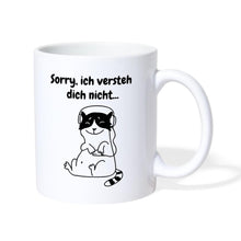 Lade das Bild in den Galerie-Viewer, Tasse mit Katze, Kopfhörern und Spruch - Weiß