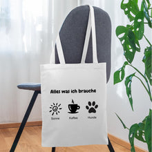 Lade das Bild in den Galerie-Viewer, Jutebeutel: Alles was ich brauche (Sonne, Kaffee, Hunde) - Weiß
