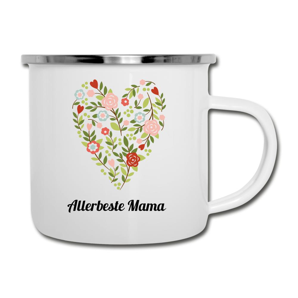 Emaille-Tasse - Allerbeste Mama - mit Herz aus Blumen weiß - Weiß