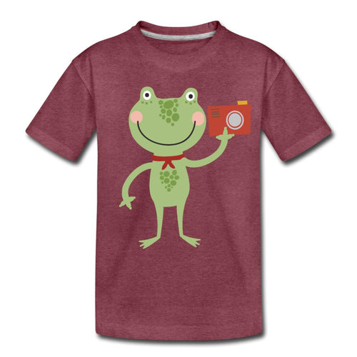 Kinder T-Shirt - Frosch mit Kamera - Bordeauxrot meliert